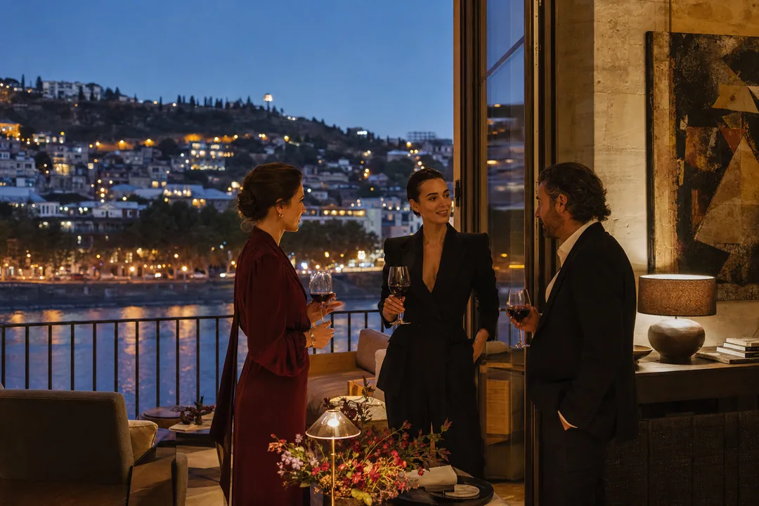 AI-generated editorial atmosphere study of an elegant evening gathering above the Mtkvari