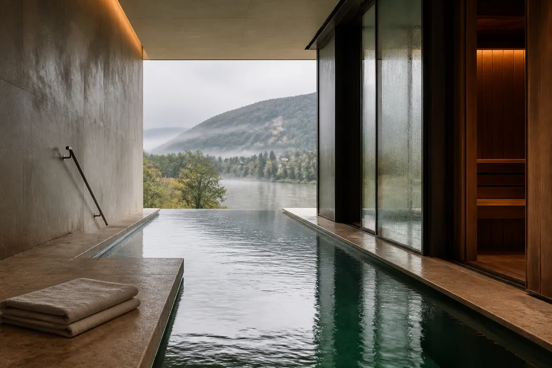 AI-generated editorial atmosphere study of a calm wellness pool facing wooded hills