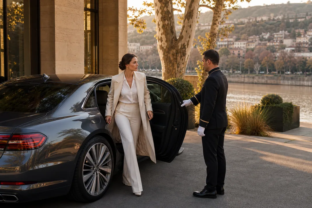 AI-generated editorial atmosphere study of a private car arrival beside the Mtkvari in Tbilisi