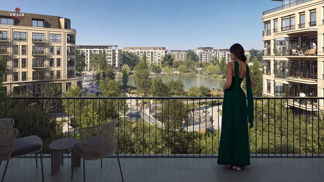 Developer visualization / CGI of proposed balcony over the river district in Tbilisi