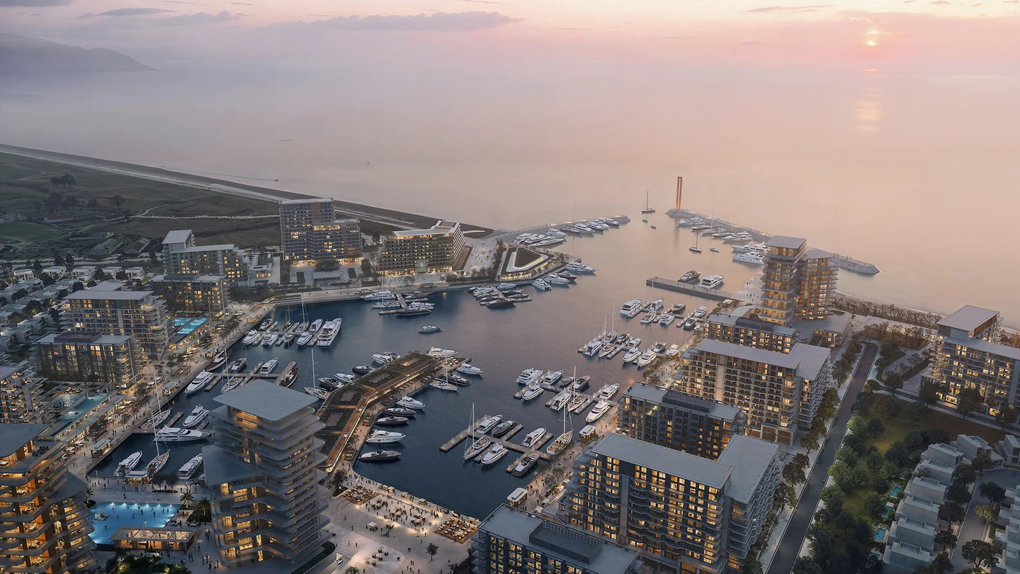 Official developer visualisation  -  Batumi · coastal masterplan at dusk