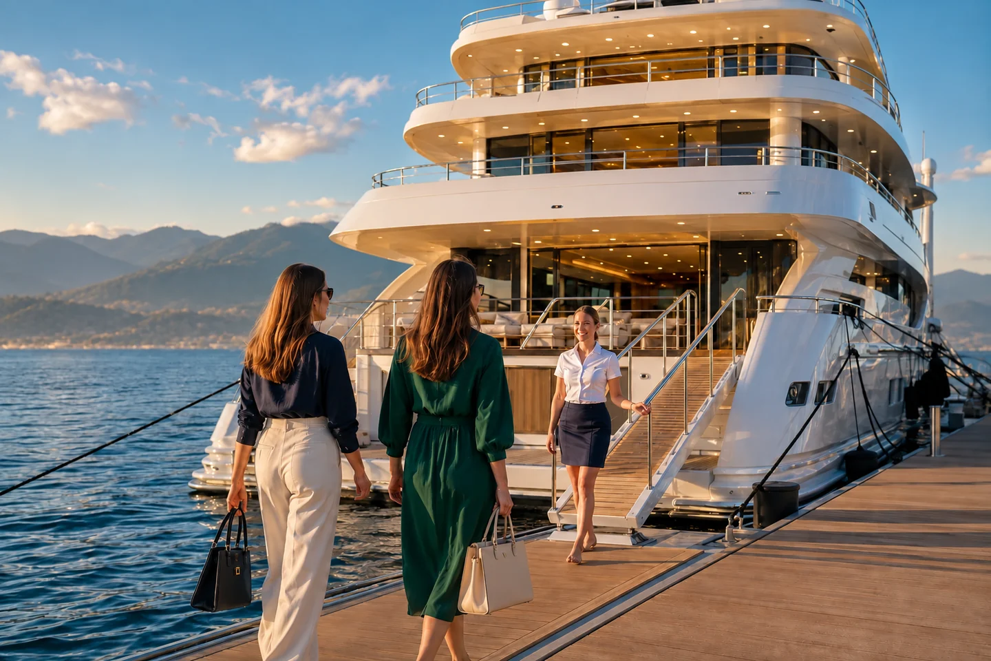 AI-created superyacht arrival scene with an abstract coastal backdrop