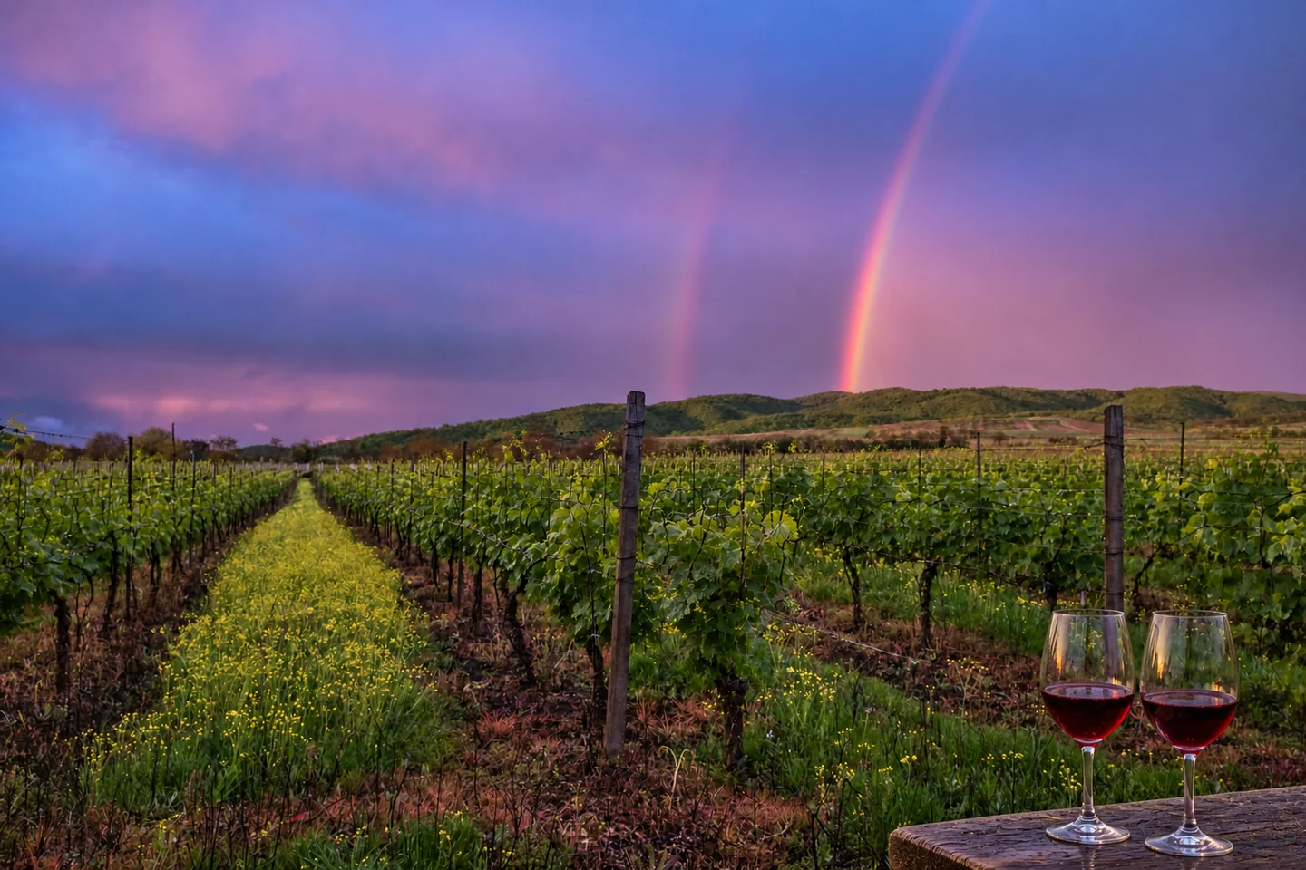 AI-edited Kakheti vineyard photograph with wine glasses in the foreground